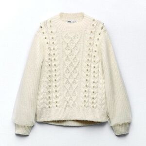 Zara Ivory Pearl Chunky Knit Tulle Sweater sz L / XL